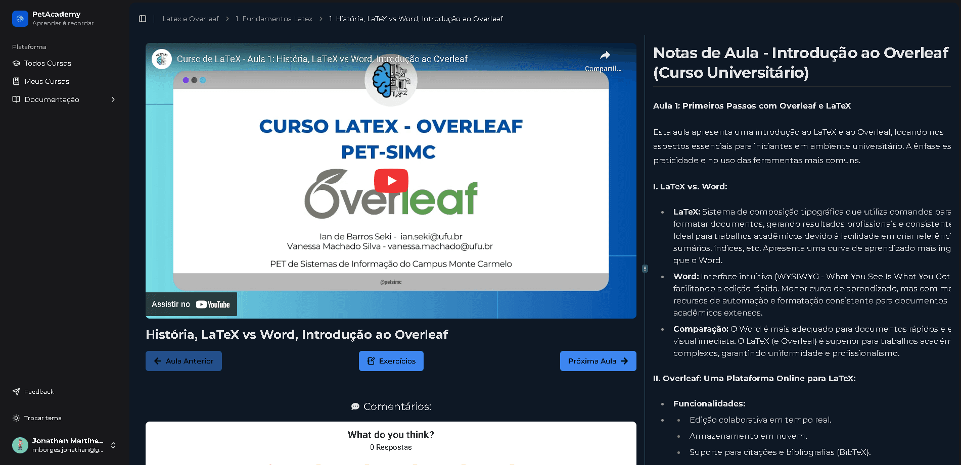 Interface das aulas.